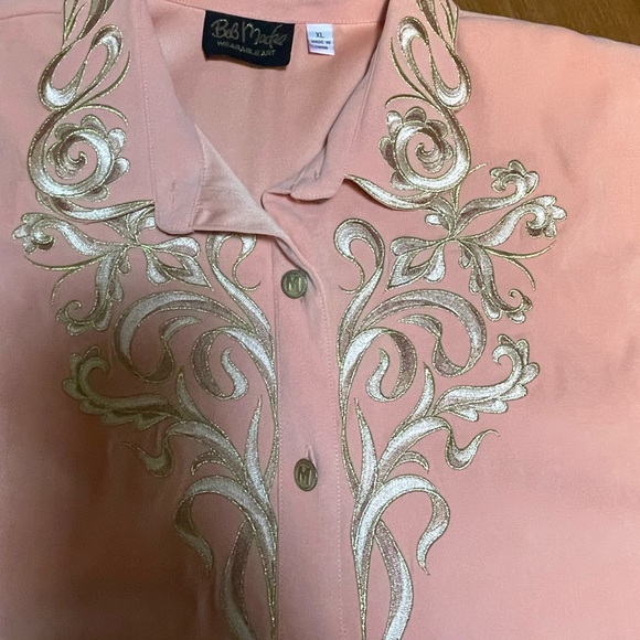 Bob Mackie Peach Button-Up Shirt with Silver & gold Embroidery - Picture 2 of 5